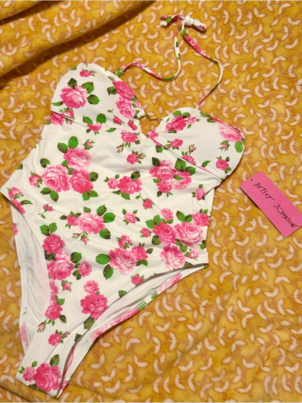 NWT Betsey Johnson White One-Piece Swimsuit with Pink Rose Floral Small Y2K